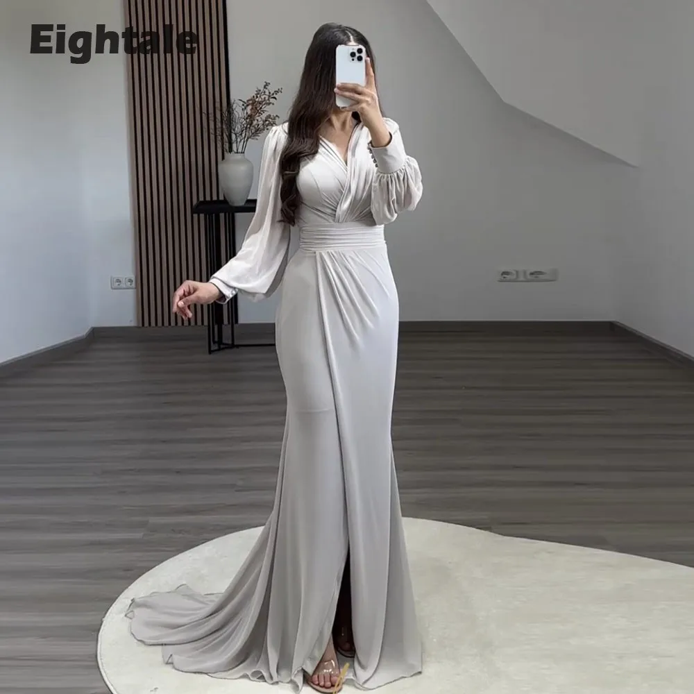 

Eightale Silver Evening Dresses V-Neck Long Puffy Sleeves Chiffon Side Slit Mermaid Arabic Party Prom Gown Vestidos De Noche