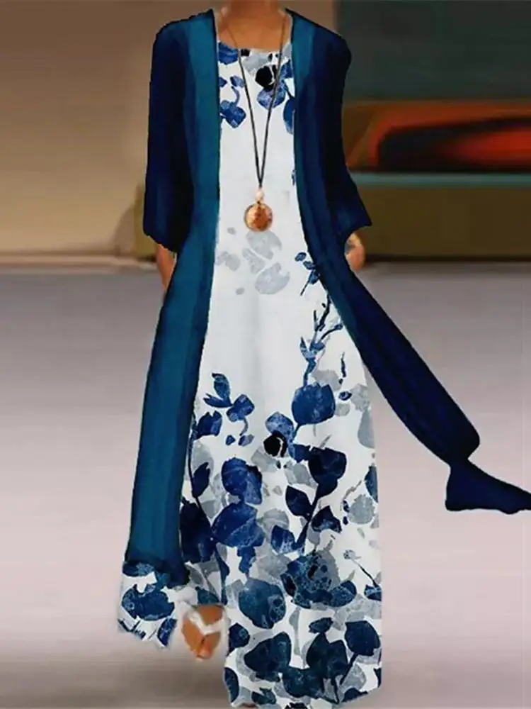 

2022 ZANZEA Bohemian Printing Women Dress Suit Sleeveless O-Neck Long Dresses Fashion Casual Beach Holiday Casual Maxi Cardigan