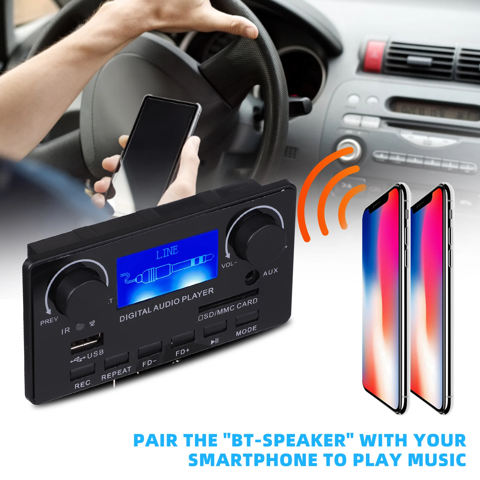 

Bluetooth 5.0 MP3 Decoder Board Support Handsfree Recording FM DC 12V MP3 WMA WAV APE FLAC Audio Player LCD Lyrics Display