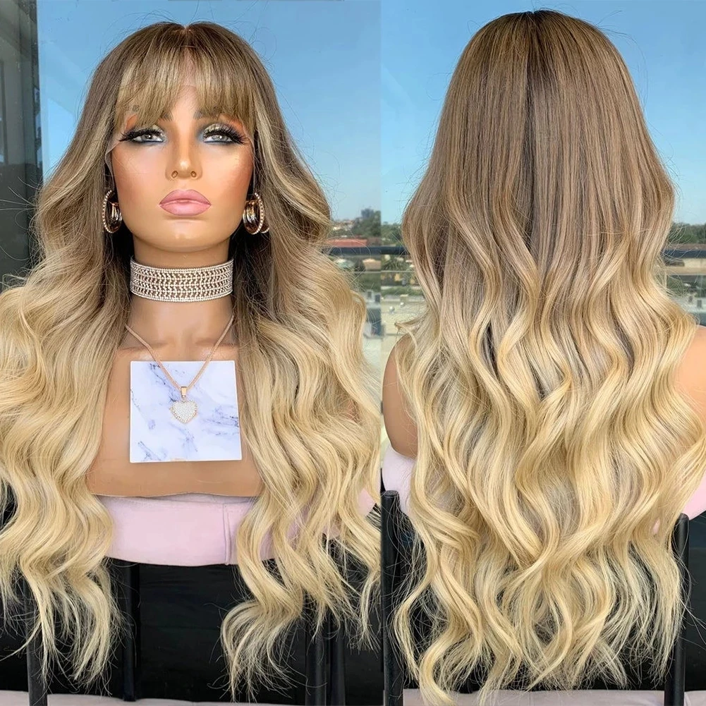 

Fringe Wigs Highlight Platinum Blonde Wavy Transparent Full Lace Human Hair Wigs With Bangs Remy Ombre Brown HD 13x6 Lace Front