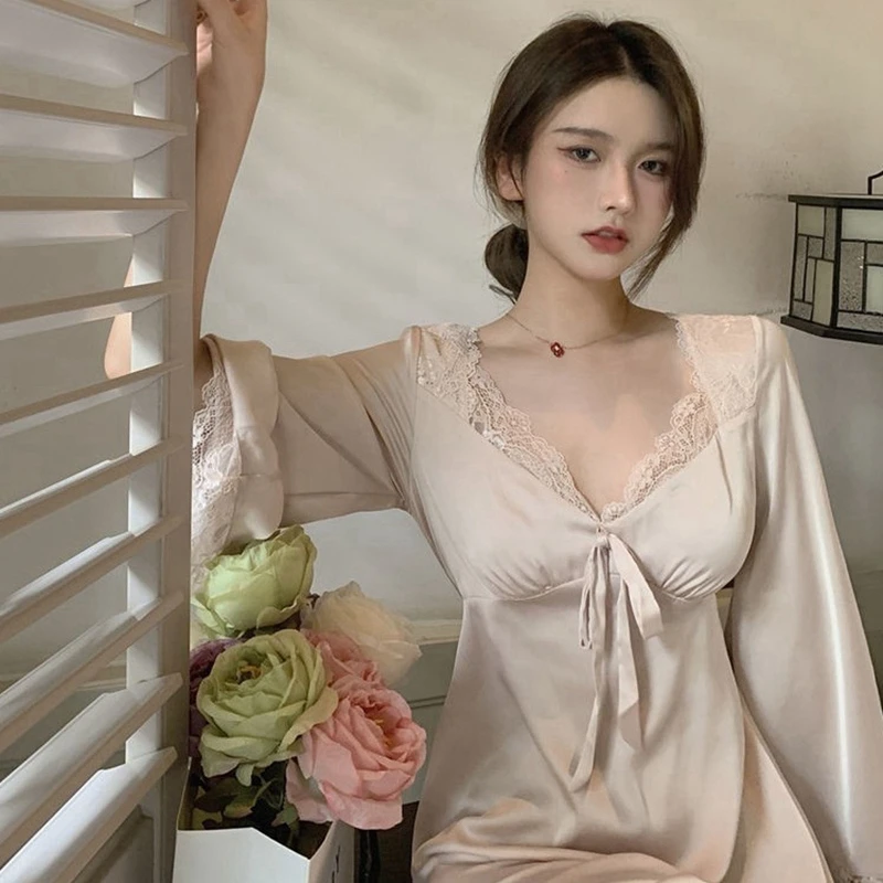 

Women Long Sleeve Gowns Fairy Sweet Elegant Chic Nightdress Nightgowns French Court Style Nightdress with Pad V-neck Lace Bow