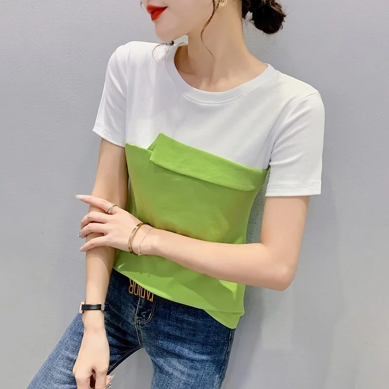 

#6770 Футболка с имитацией двух частей, Женская милая облегающая футболка, женская летняя обтягивающая футболка с круглым вырезом и коротким ...