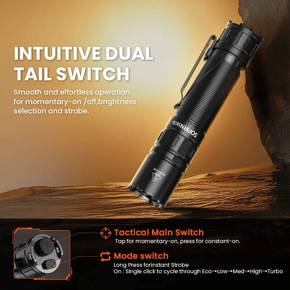 Фото Новый тактический фонарик SOFIRN SK30 2800LM SFT70, светодиодный светильник 6500K 21700, USB C, перезаряжаемый фонарь с двойным переключателем №3