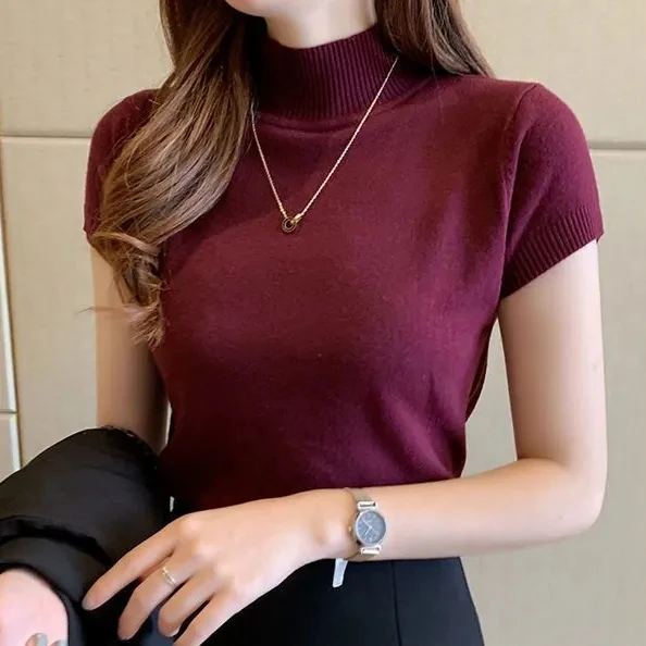 

Hdspq Women Mock Neck Knitted T-Shirts for Women 2023 Autumn Short Sleeve Pullover Tees Solid Casual Slim T-Shirt Basic Tops