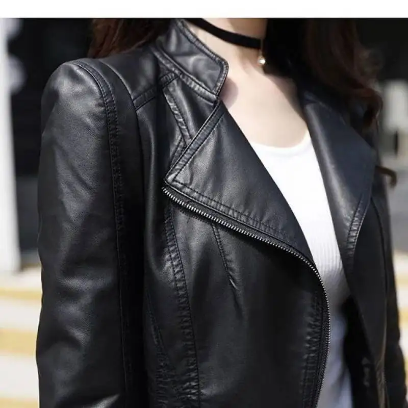 

2023 New Spring, Autumn, and Winter Slim Fit Standing Collar Leather Coat Women's Short Versatile Coat Motorcycle Jacket