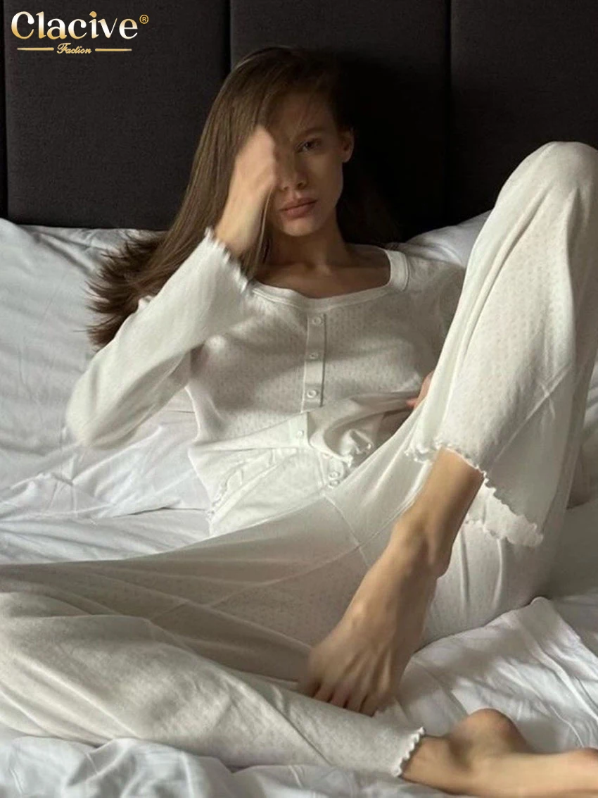 Clacive Повседневный свободный белый Хлопковый домашний женский комплект из двух