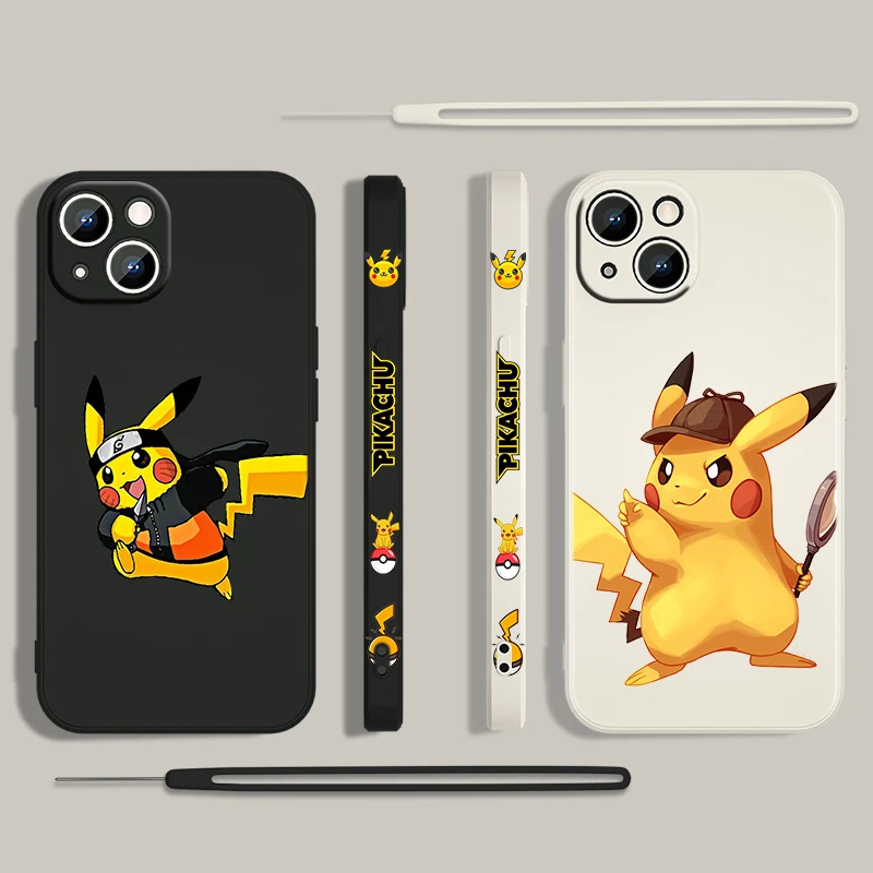 

Pikachu Cartoon Anime Cute For Apple iPhone 13 12 Mini 11 Pro XS MAX XR X 8 7 6S SE Plus Liquid Left Rope Silicone Phone Case