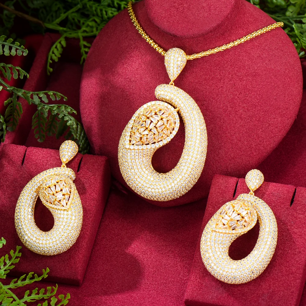 

Missvikki New Luxury Big Dangles Earrings Necklace Set тренд Noble Prong Setting CZ For women brincos boucle d'oreille