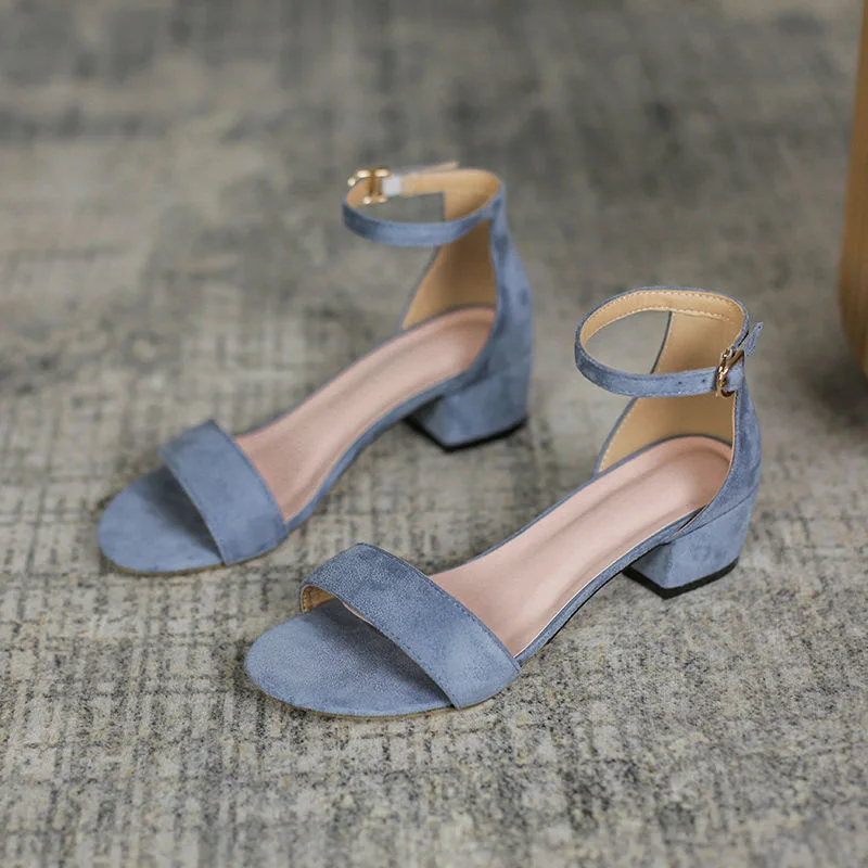 

Suede heels women 2022 Ankle Strap Square Heels Women Sandals Summer Open Toe Chunky Heels Ladies One Word Lace Sandals