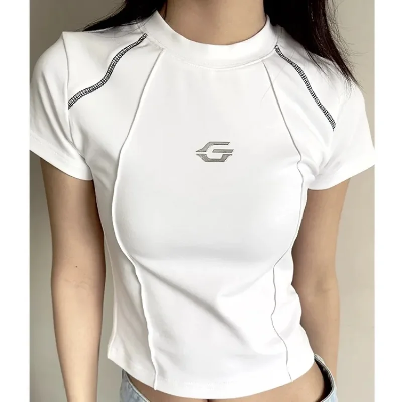 

Spicy Girl Style White T-shirt American Retro Cotton Short Open Navel Round Neck Top Summer New Women Chest Letter Slim Tshirts