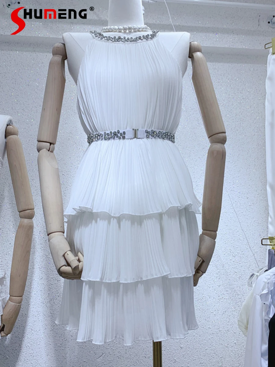 

Exquisite Rhinestone Halter Sleeveless Off-Shoulder Banquet Party Dress Women 2022 Summer Belt Waist White Chiffon Cake Dress