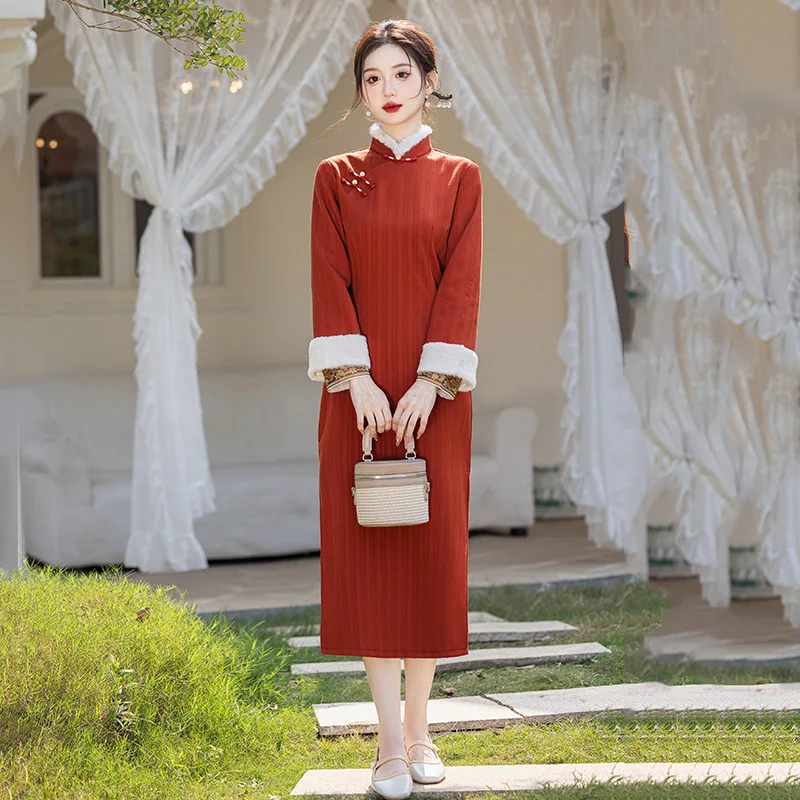 Осенне-зимнее плотное китайское длинное стильное улучшенное платье Cheongsam для