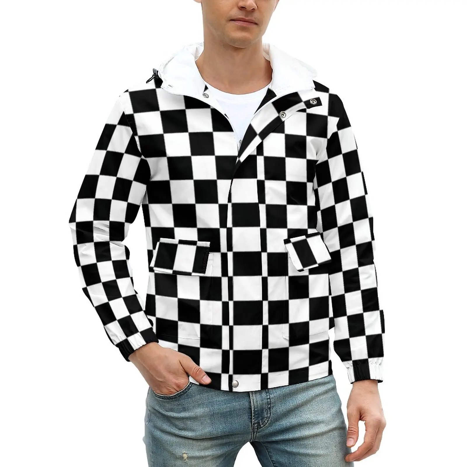 

Винтажные клетчатые куртки с принтом, зимние черные, белые клетчатые классные повседневные пальто для мужчин, свободная ветрозащитная куртка большого размера с капюшоном
