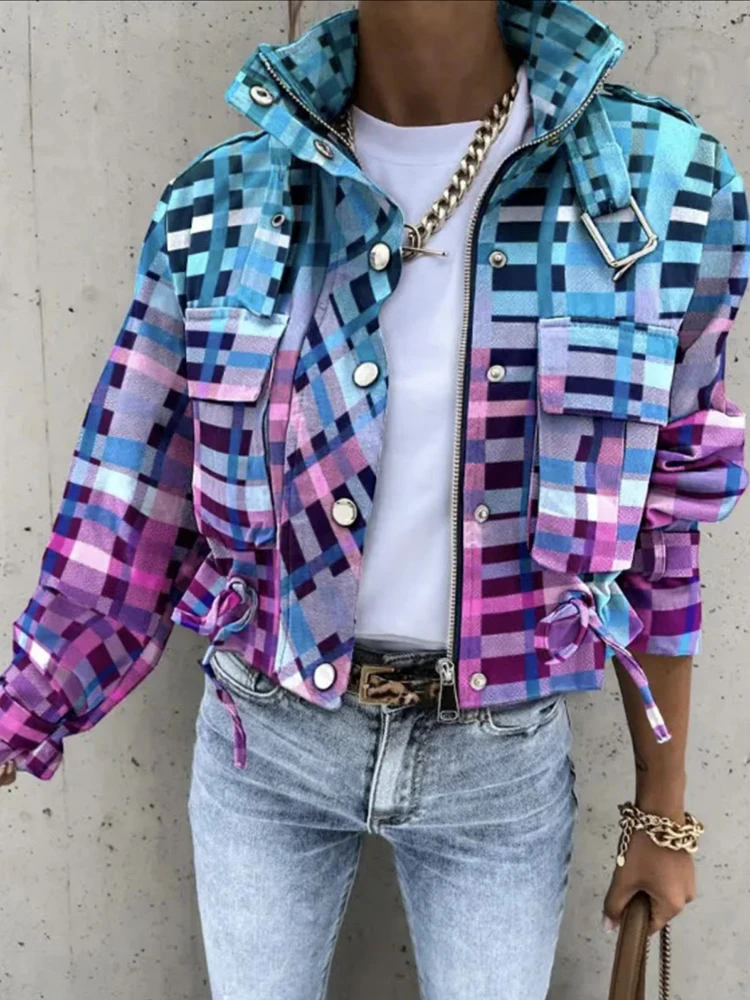 

Women Sweet Fashion Jacket Spring Autumn Printing Pocket Hip Pop Style 2022 Stand Collar Outerwear Long Sleeve Loungewear Coats