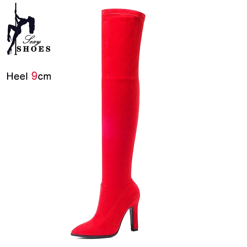 

Women New Pointed Toe Long Boots Kid Suede Over-the-knee Shoes Fashion Stage Show Thin High-heels Elasticity Thigh High Boots