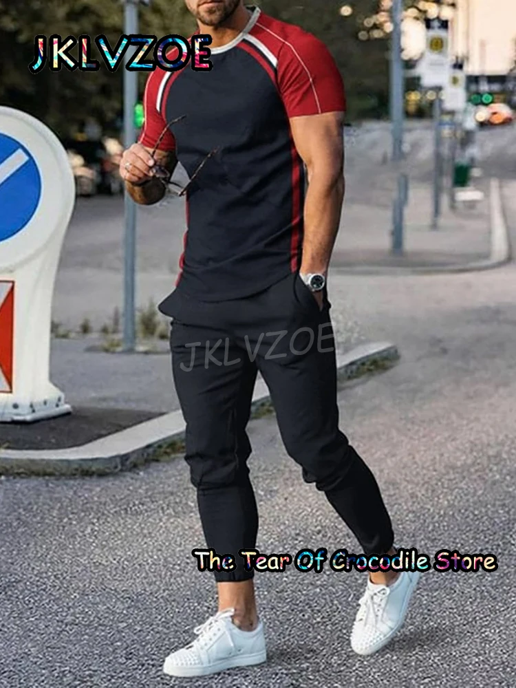 2023 Stripe Men's T Shirt Set Tracksuit Short Sleeve Long Pants Street Streetwear Printing 2 Piece Outfits Summer Clothes