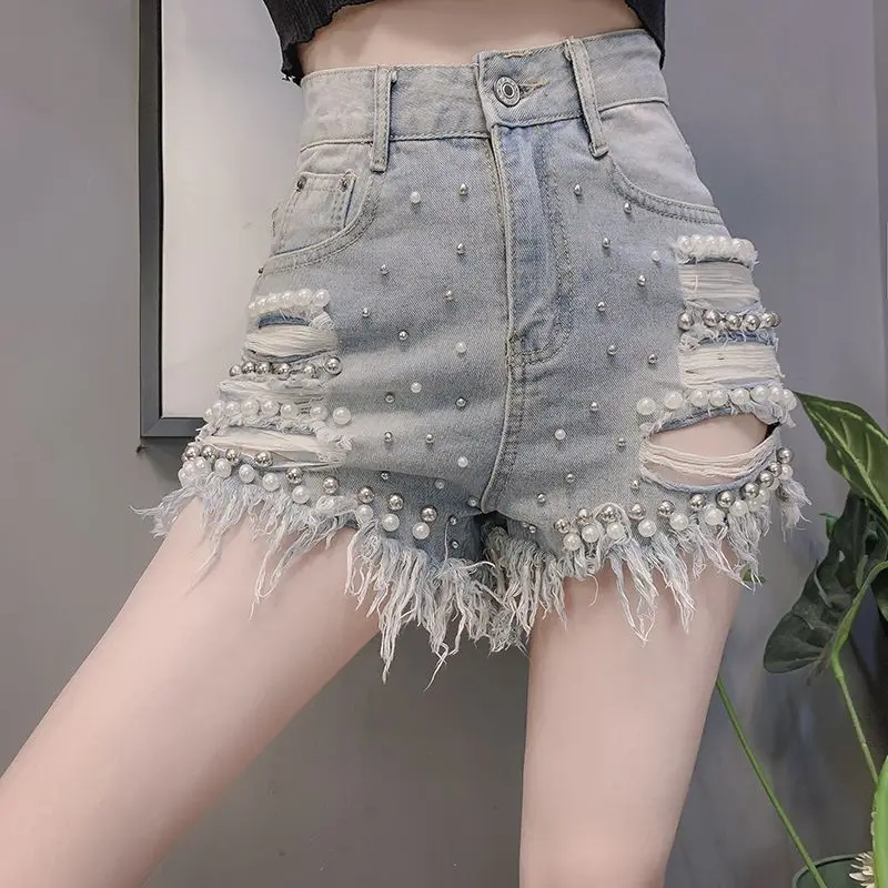 Summer Shorts Heavy Industry Jeans New Solid Color High Waist Beading Hole Button Pocket Raw Edge Hot Pants Female Clothing