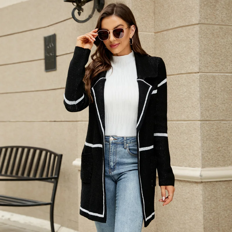 

Sweater coat women's autumn and winter long-sleeved suit collar trench coat temperament slim long knitted cardigan