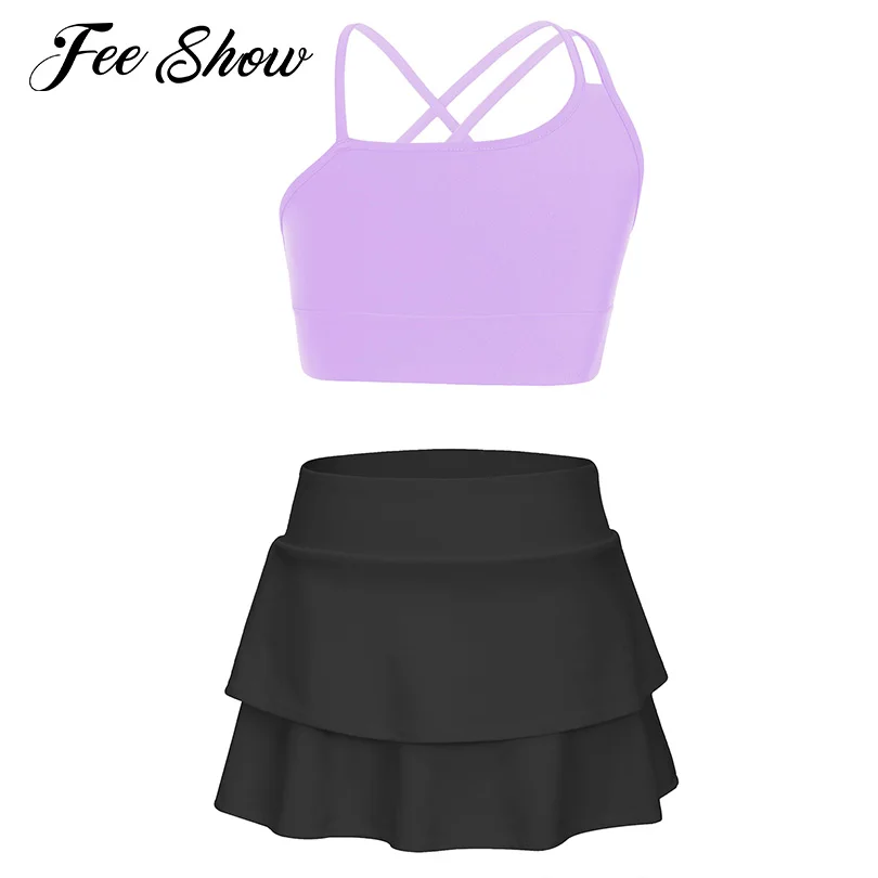 

Детский однотонный костюм для девочек для бега, тенниса, кроп-топ на бретельках + юбка со встроенными шортами, комплект для спорта, спортивны...