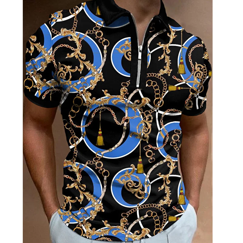 

Summer Chic Chain Chain Casual Men's Short Sleeve Polo Shirt Patchwork Lapel Zipper Design Men's 3D Print Top Pullover