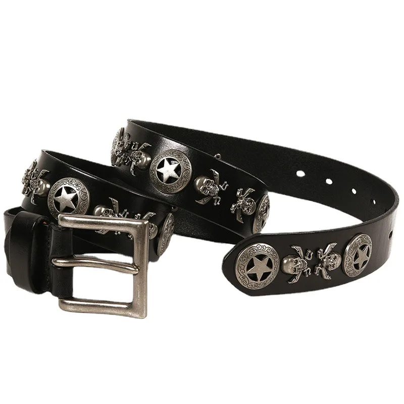 YUHECHUAN Square Belt Male Genuine Cowhide Leather Pin Buckle Belts For Men Skull Black Real Leather Rock Punk Accessories Belt