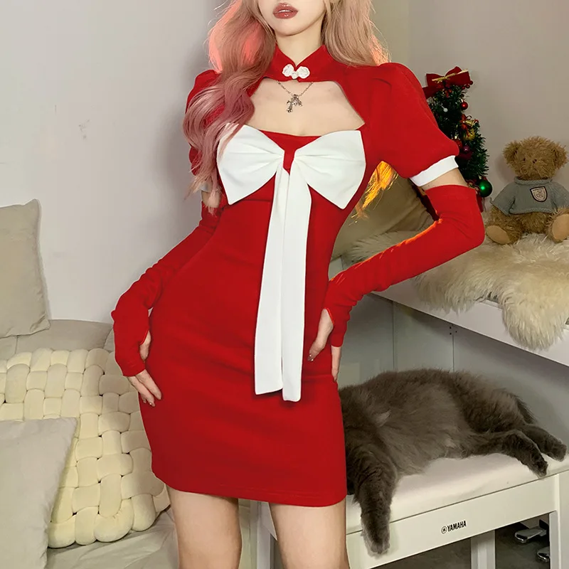 

Рождественское праздничное красное яркое платье с бантом, соблазнительное, Гламурное, облегающее, горячее, женское платье с лямкой на шее, д...