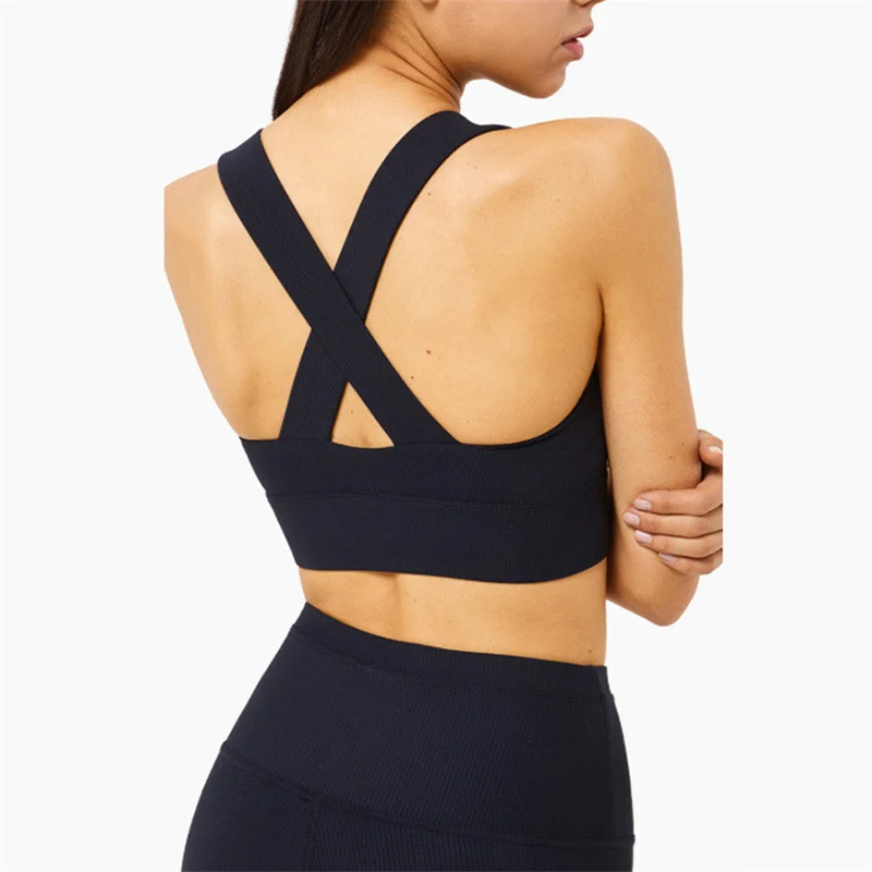 

Padded Sport Bras Lady Breathable Quick Dry Cross back Crop Tops Nake-feeling Removable Chest Pads Running Bras
