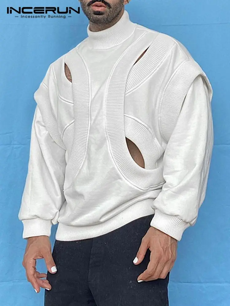 

INCERUN Men T Shirts Turtleneck Solid Color Long Sleeve Hollow Out Casual Irregular Pullovers 2022 Streetwear Camisetas S-5XL