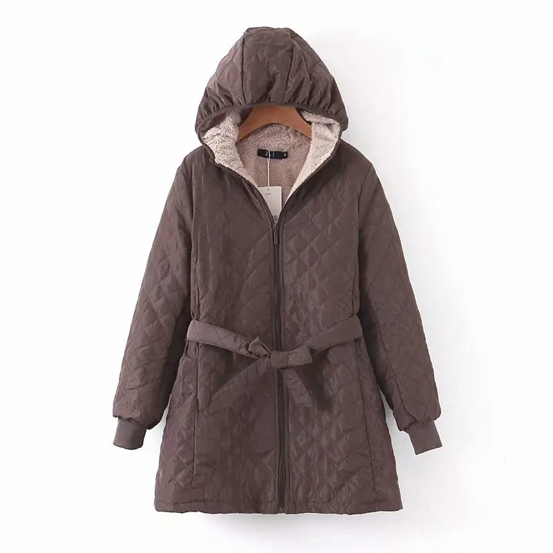 Autumn and winter 2022 new loose belt diamond hooded belt cotton coat women