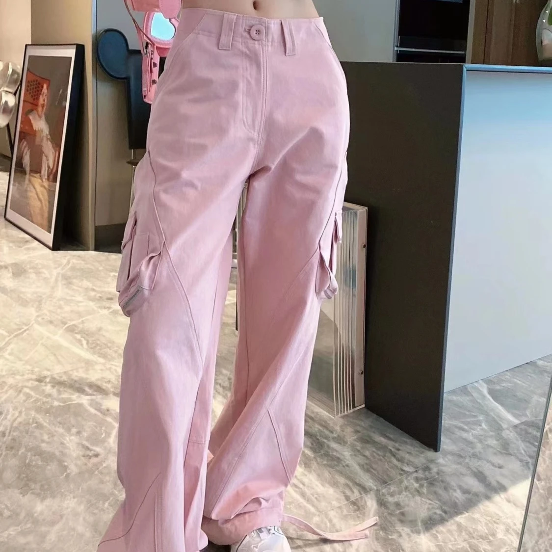 

2023 New MISHOW 100 Denim Cotton High Waist Cargo Pants for Women Summer Pink Wide Leg Pockets Loose Full Length Slim Jeans