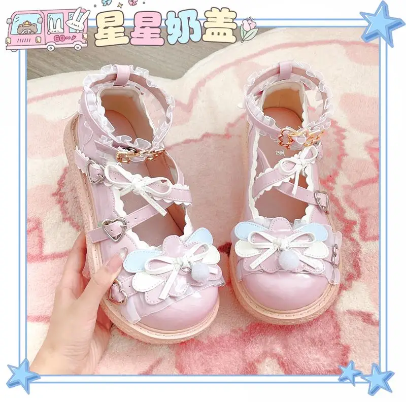 Милые кожаные туфли в стиле Харадзюку для девочек кружевные с круглым носком