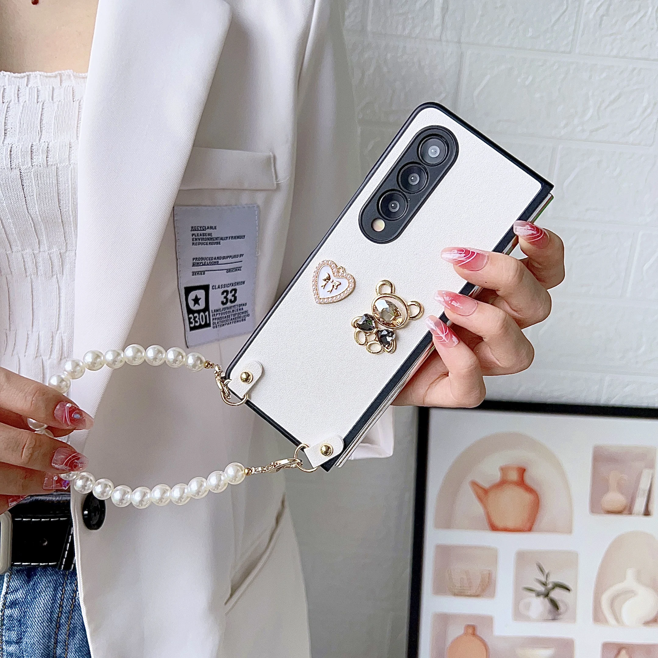 Чехол для телефона с милым медведем и жемчугом в виде сердца Samsung Galaxy Z Fold 3 4 5 6