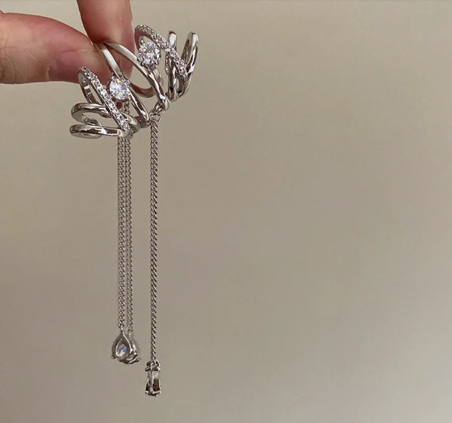 Simple Copper gold plated irregular zircon ear clip chain Tassel Earrings for women Fashion Jewelry