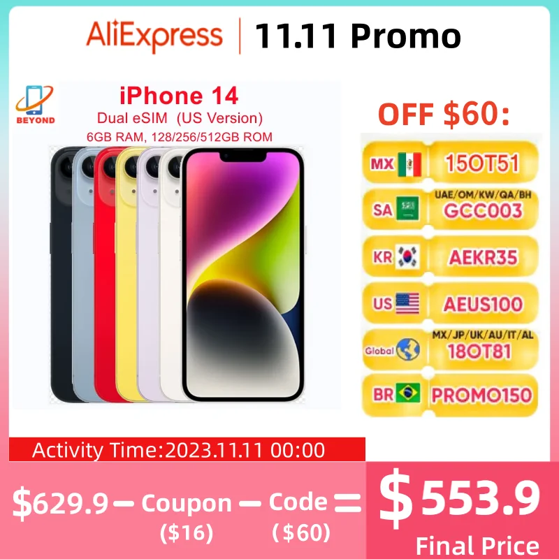 

Новинка 98%, Apple iPhone 14, 128 ГБ, 256 ГБ, 512 Гб ПЗУ, 6 ГБ ОЗУ, двойной eSIM дисплей 6,1 дюйма, оригинальный дисплей Super Retina OLED, идентификация по лицу, Φ 15