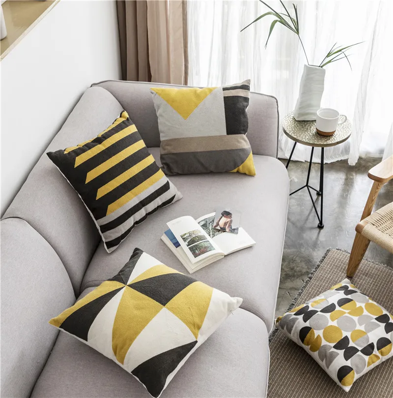 

Nordic Embroidery Cushion Cover 45x45cm Geometric Pattern Decorative Pillow Case Couch Bed Room Decor Black Yellow Pillowcase