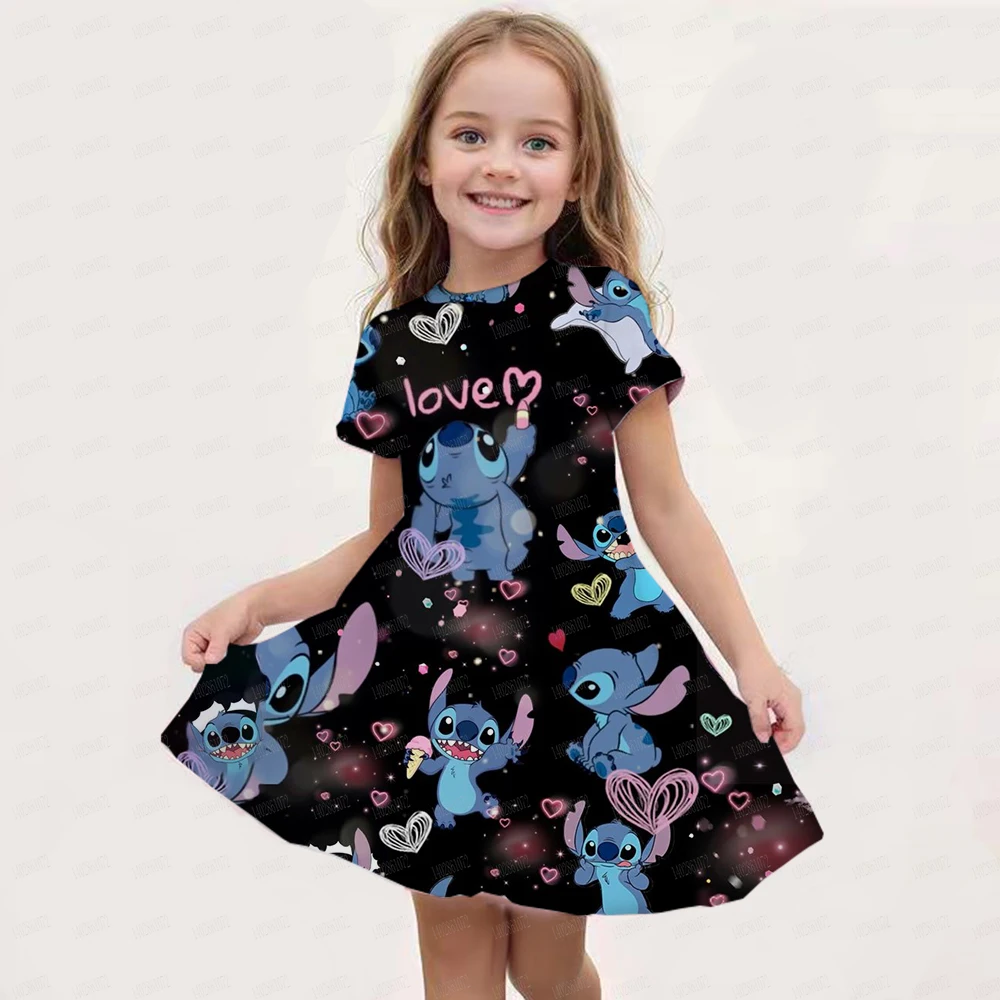 2024 Stitch Dress For Girls Children's Sleep Baby Summer Clothes StrayKids 3d Print Skirt Original Clothing Short-Sleeved