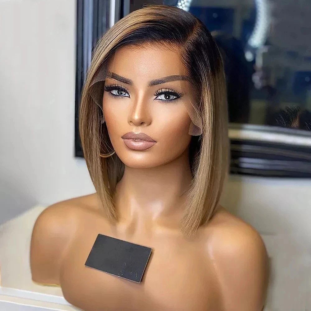 

13*4 Side Part Lace Front Human Hair Wig For Women Straight Bob Short Ombre Ash Blonde Pre Plucked Brazilian Remy Closure Wigs