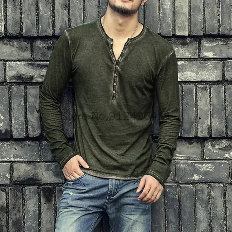 Men Medieval Tee Shirt V-neck Long Sleeve Tee&ampTops Stylish Slim Buttons T-shirt Autumn Casual Solid Male Clothing Maxi Top
