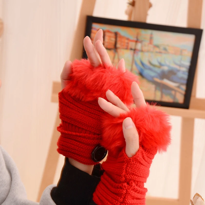 

Women Girl Female Wool Blend Knitted Crochet Gloves Warm Winter Faux Rabbit Fur Wrist Fingerless Gloves Mittens