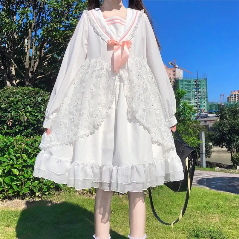 Купи Lolita White Dress Spring and Summer New Japanese Loose Mesh Lovely Student Style Dress Kawaii Style Visual Kei Fairy за 1,638 рублей в магазине AliExpress