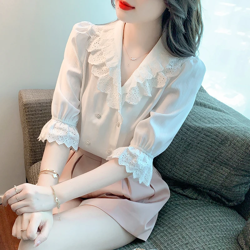 

Short Sleeve Blouse Women Office Lady Peter Pan Collar Blouse Shirt Tops Blouses Shirts Camisa Cuello Peter Pan Mujer F2312