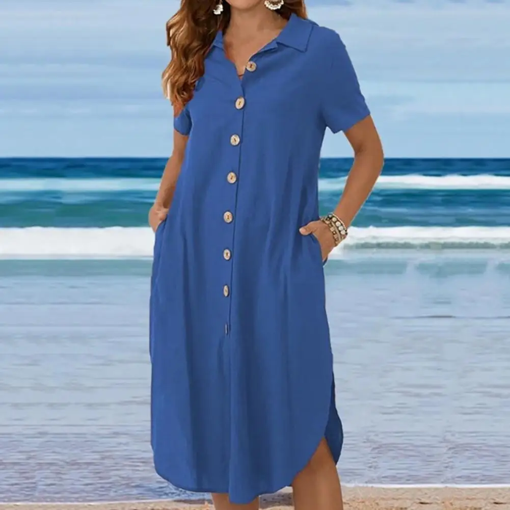 

Женская хлопковая льняная блузка, платье на весну с отложным воротником и коротким рукавом, однотонная пляжная одежда на пуговицах, свободная женская одежда
