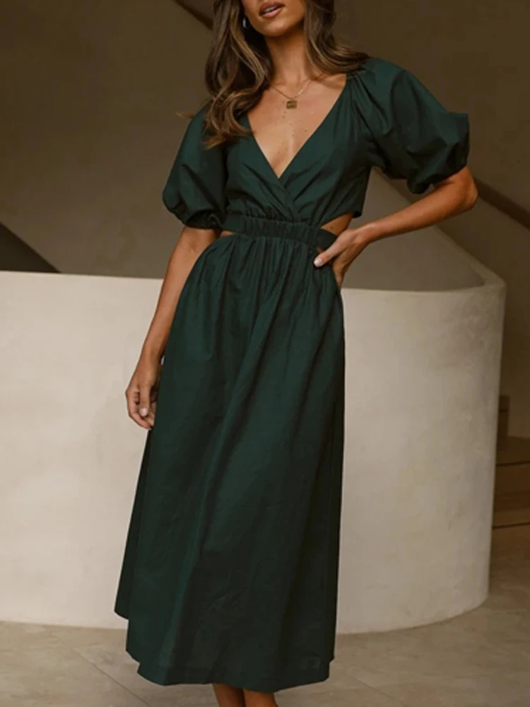 

Women V Neck Solid Color Hollow Dress Summer Short Sleeve Long Maxi Dress Casual Back Button Lace Up Boho Beach Holiday Dresses