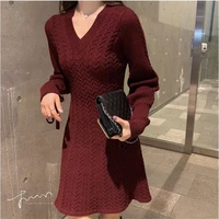 2022 Autumn/Winter Dress Elegant Lace-up Lantern Sleeve A-line Knitted Dress Temperament V Neck Twist Pattern Sweater Dress