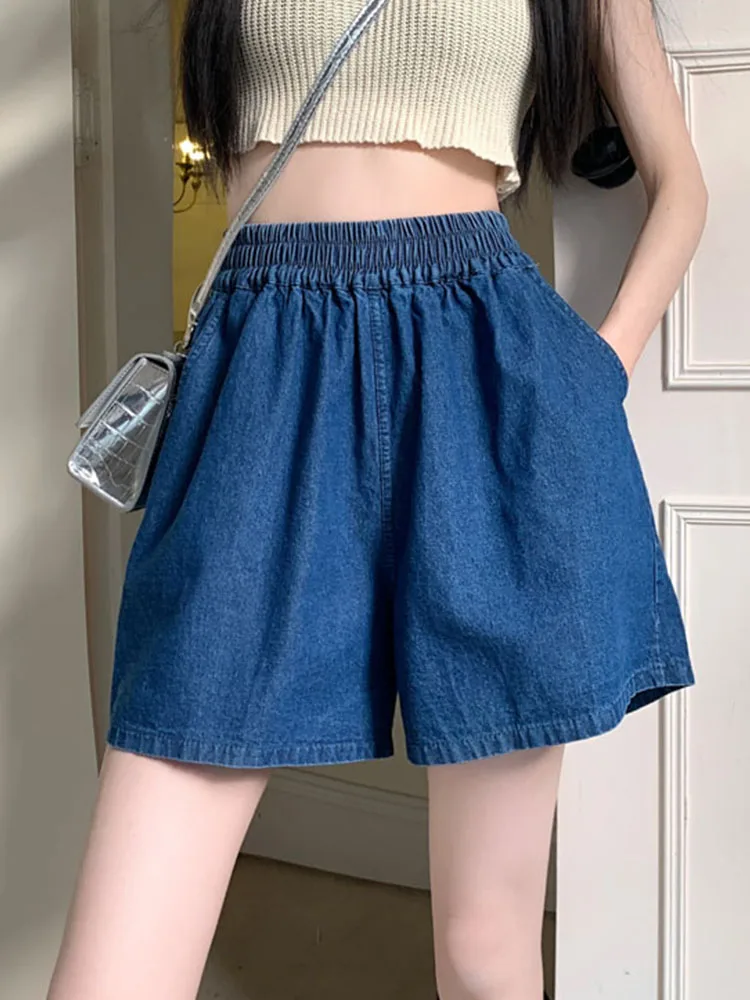 New Spring Summer Women Wide Leg Elastic Waist Blue Denim Shorts Streetwear Female Loose Straight Jeans Shorts Bottoms