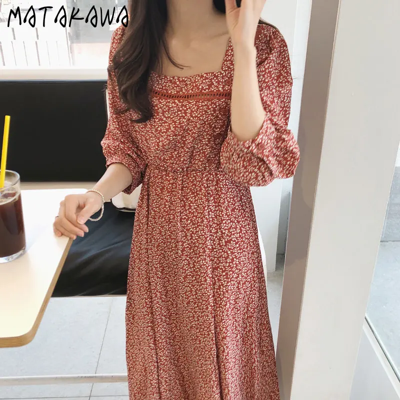 Женское винтажное платье с квадратным вырезом и пышными рукавами