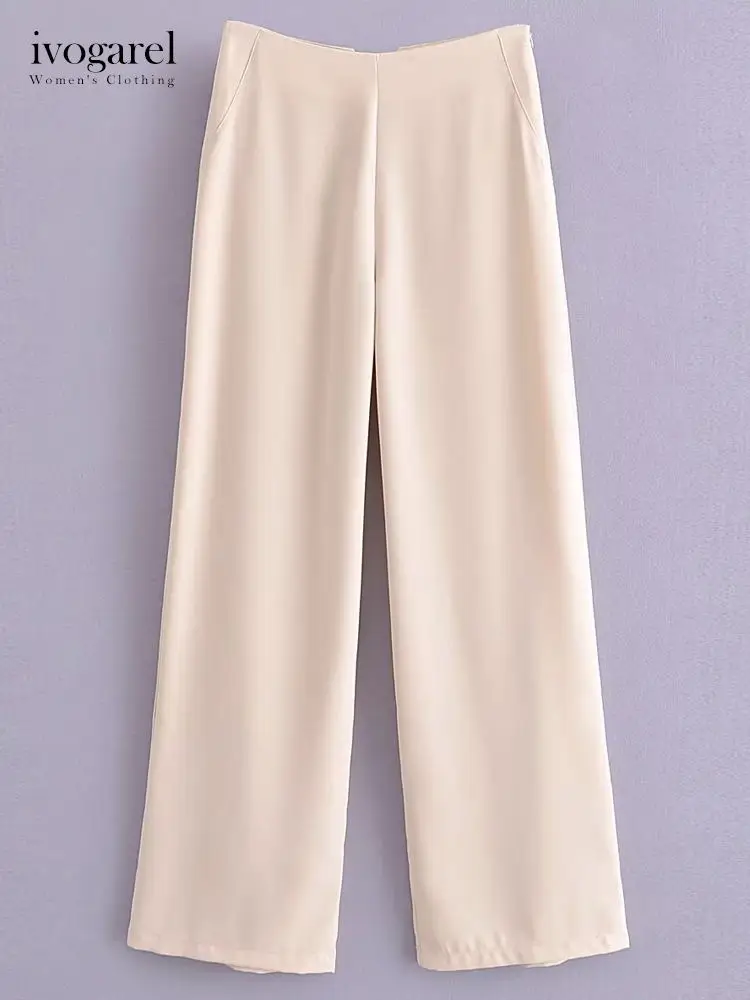 

Ivogarel Woman's High-Waist Full-Length Satin Trousers with False Welt Pockets Female Casual Wide Fluid Pants Home Clothing