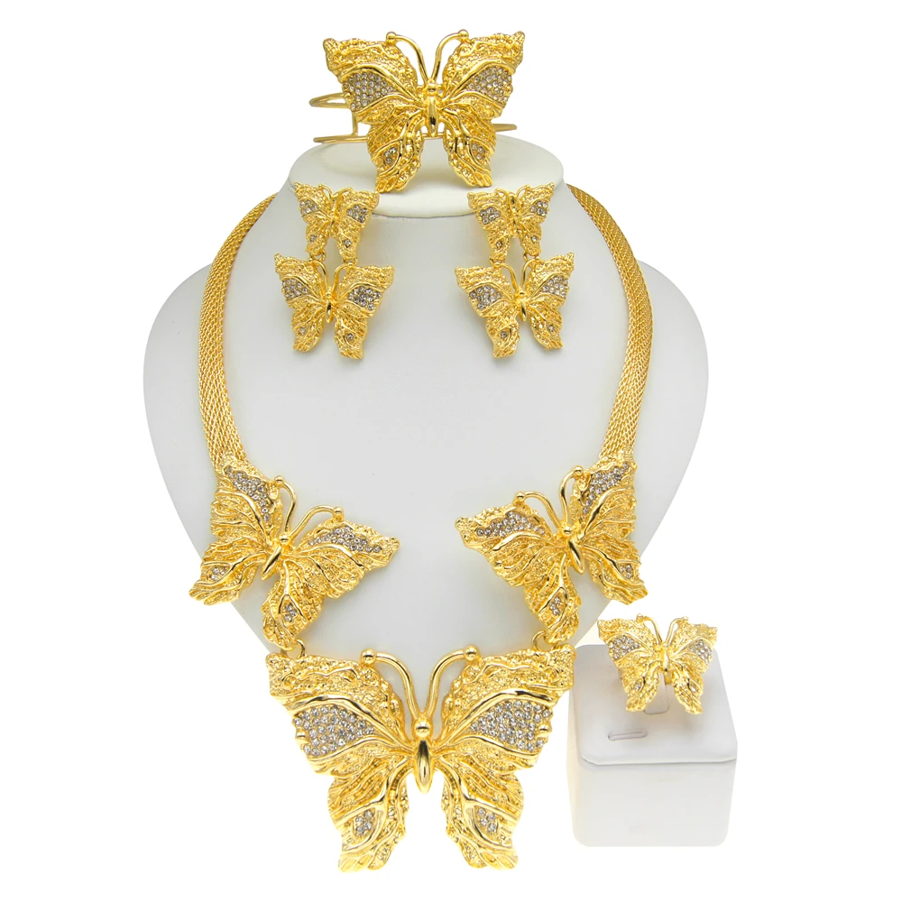 

Dubai Gold Plated Ladies Necklace Jewelry Set Big Butterfly Pendant Stone Wings Classic Style Fashion Atmosphere Daily Wear Gift