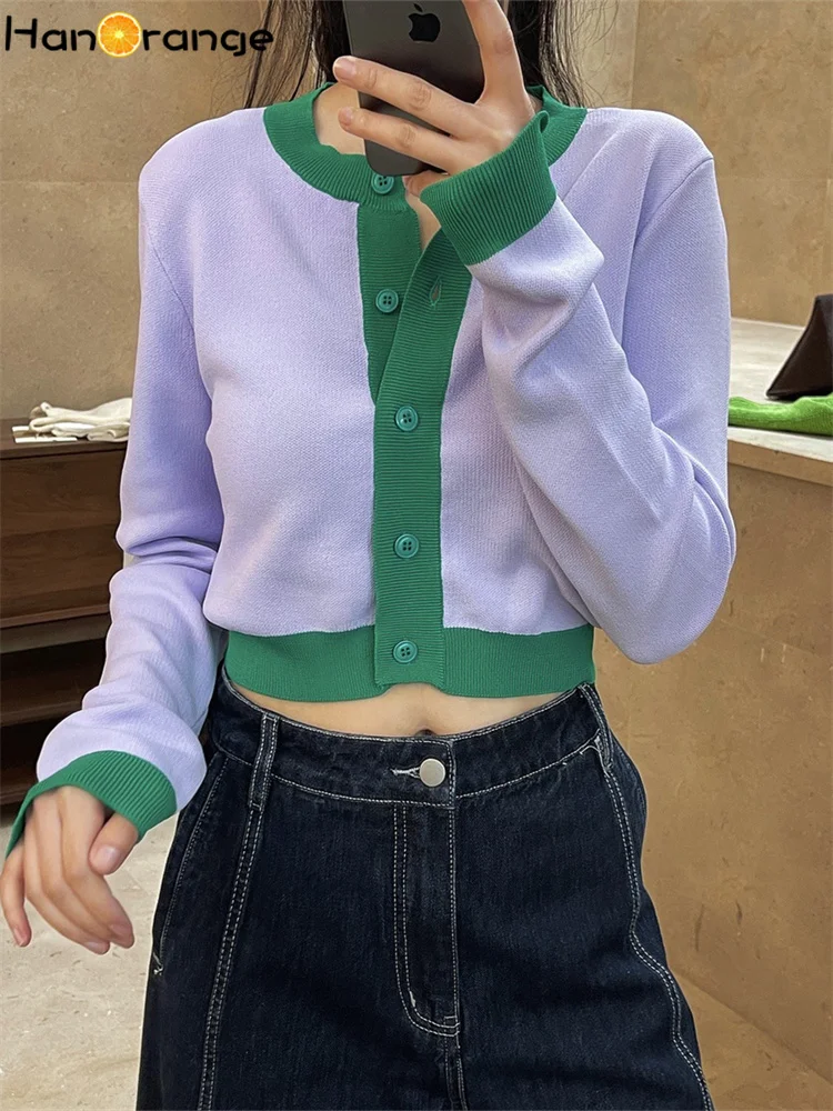 

HanOrange 2022 весна супер укороченный вязаный кардиган для женщин контрастный цвет Куртка Свободная Высокая талия Повседневный Топ Женская одеж...
