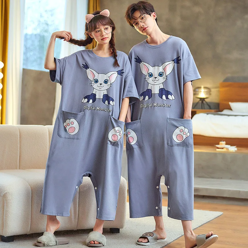 

5XL Summer Couples Pyjama Onesie Women Men Sleepwear Jumpsuits Anime Cartoon Bodysuits Pajamas Boy Girl Homewear Lovers Leisure